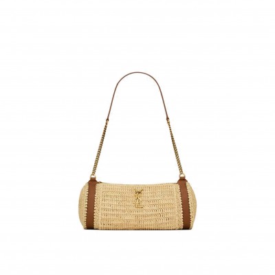 YSL CASSANDRE SMALL CYLINDRIC BAG IN RAFFIA AND VEGETABLE-TANNED LEATHER 744504GAABN2080 (24.5*11*11cm)