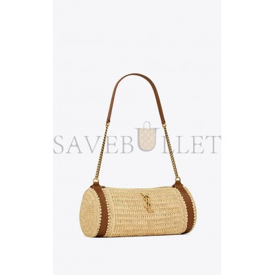 YSL CASSANDRE SMALL CYLINDRIC BAG IN RAFFIA AND VEGETABLE-TANNED LEATHER 744504GAABN2080 (24.5*11*11cm)