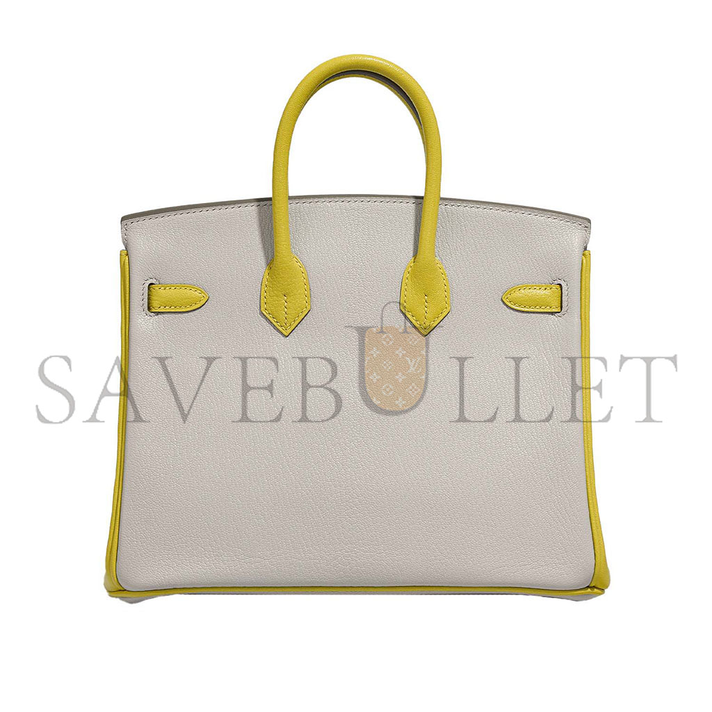 HERMÈS BIRKIN 25 SWIFT LEATHER PEARL GREY LEMON YELLOW SILVER BUCKLE BAG 3237 (25*20*13cm)