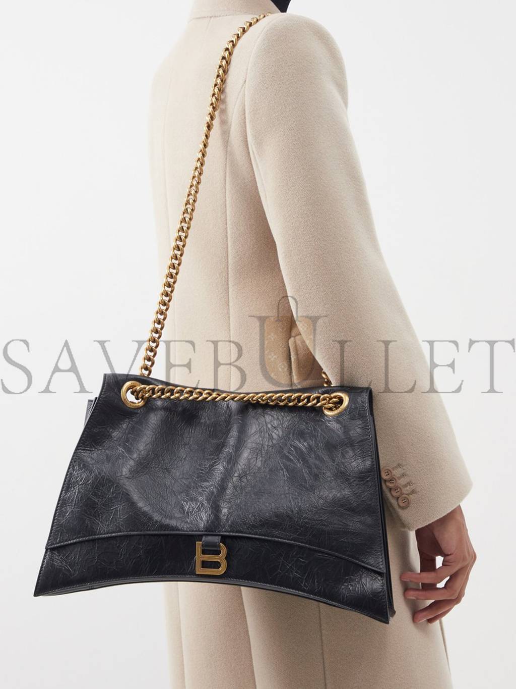 BALENCIAGA BLACK CRUSH LARGE CRACKLED-LEATHER SHOULDER BAG MATCHESFASHION US (39.3*24.8*12.7cm)