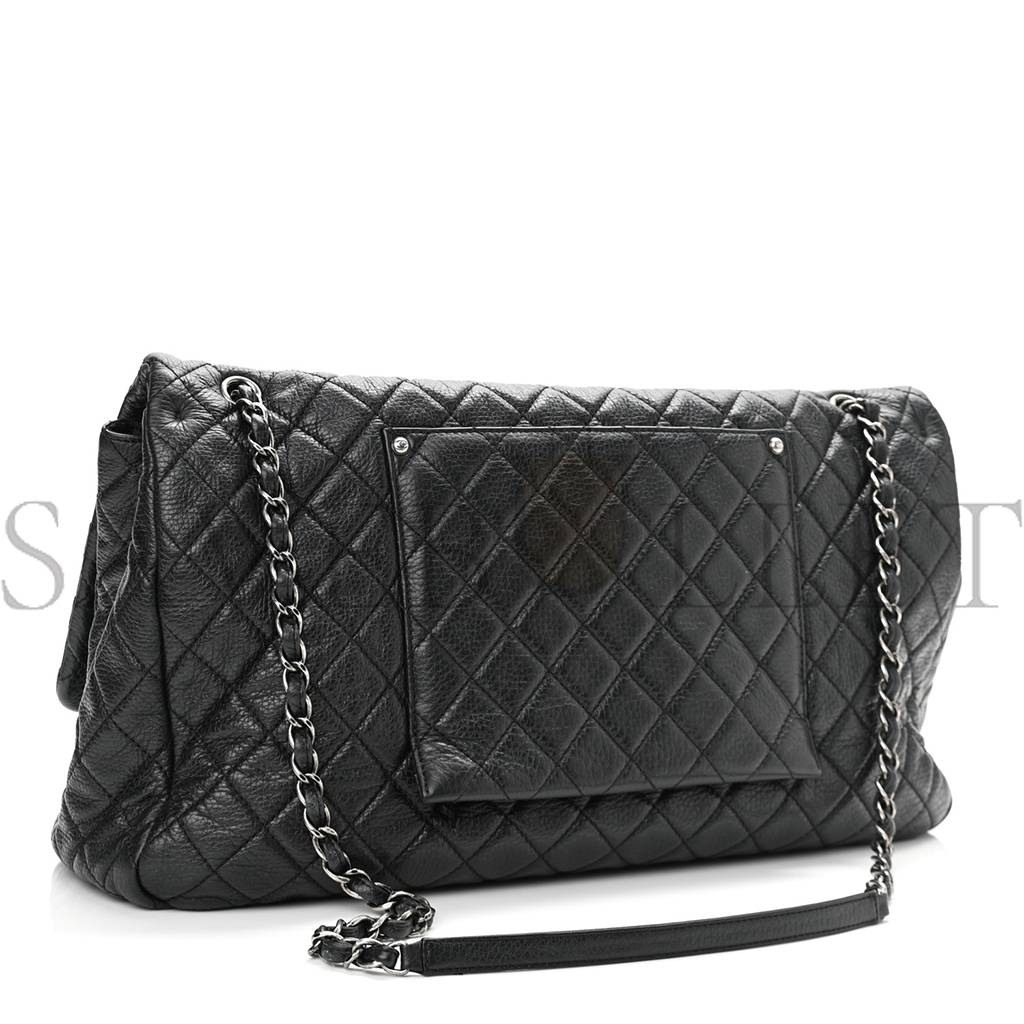 CHANEL CALFSKIN QUILTED XXL TRAVEL FLAP BAG BLACK SILVER HARDWARE (45*28*15cm)