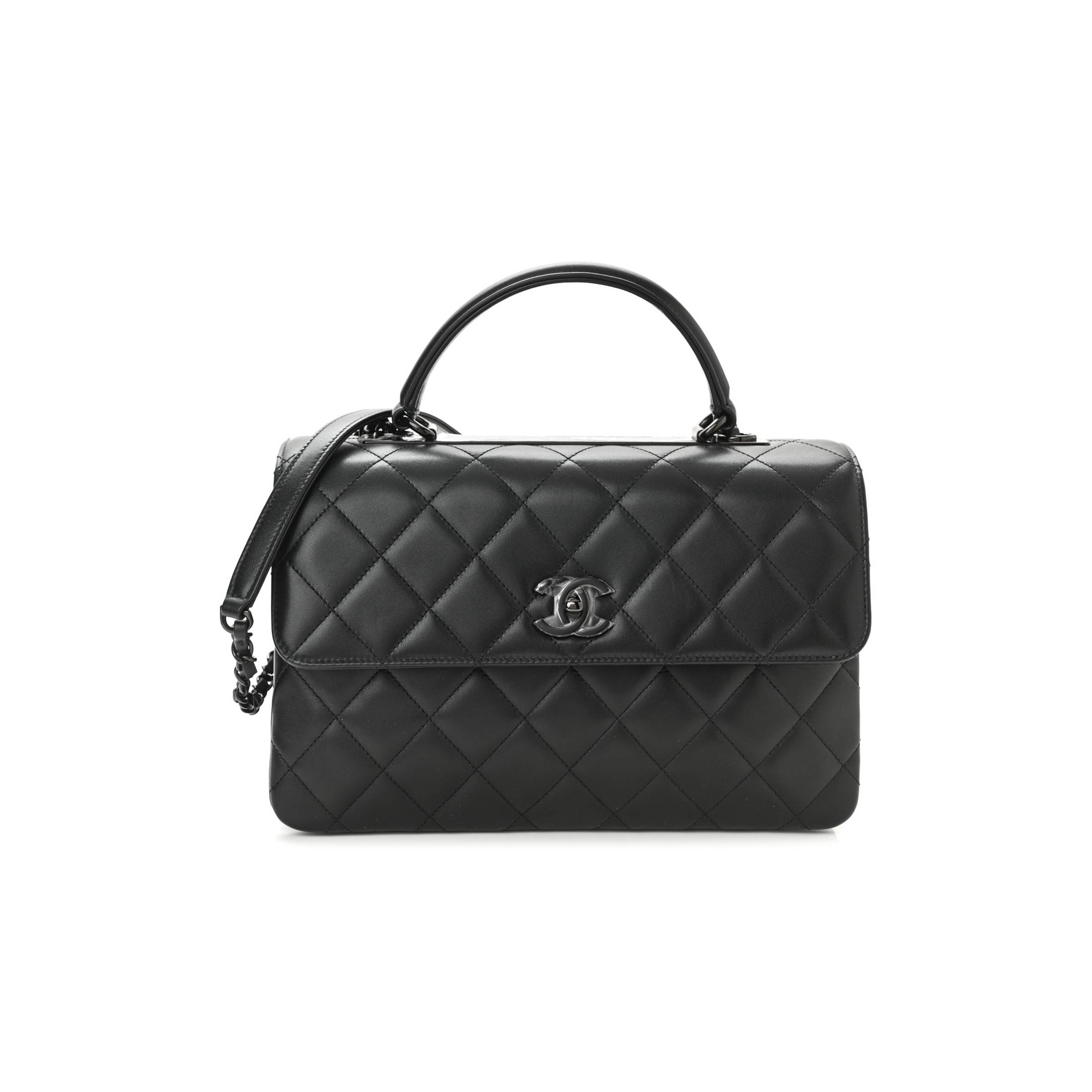 CHANEL LAMBSKIN QUILTED MEDIUM TRENDY CC DUAL HANDLE FLAP BAG SO BLACK BLACK HARDWARE  (25*18*10cm)