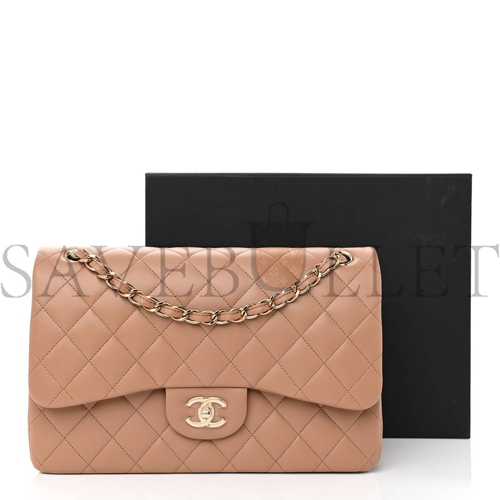 CHANEL LAMBSKIN QUILTED JUMBO DOUBLE FLAP DARK BEIGE ROSE GOLD HARDWARE (31*19*9cm)