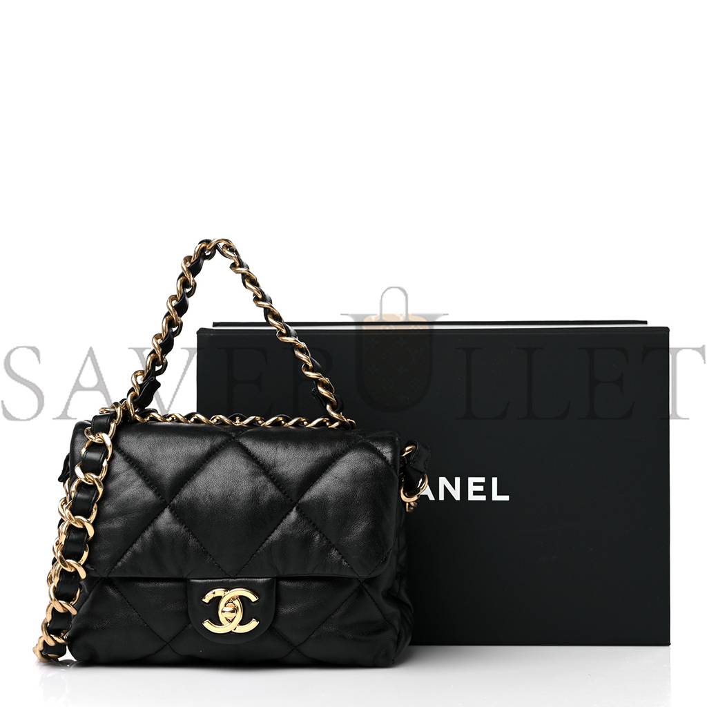 CHANEL LAMBSKIN QUILTED CHAIN TOP HANDLE FLAP BLACK GOLD HARDWARE (19*18*3cm)