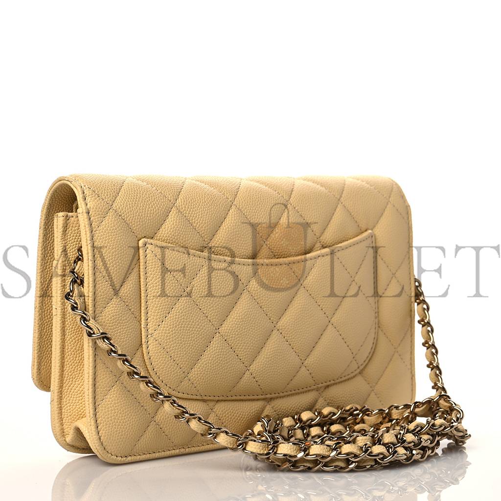 CHANEL CAVIAR QUILTED WALLET ON CHAIN WOC LIGHT YELLOW ROSE GOLD HARDWARE (19*12*3cm)