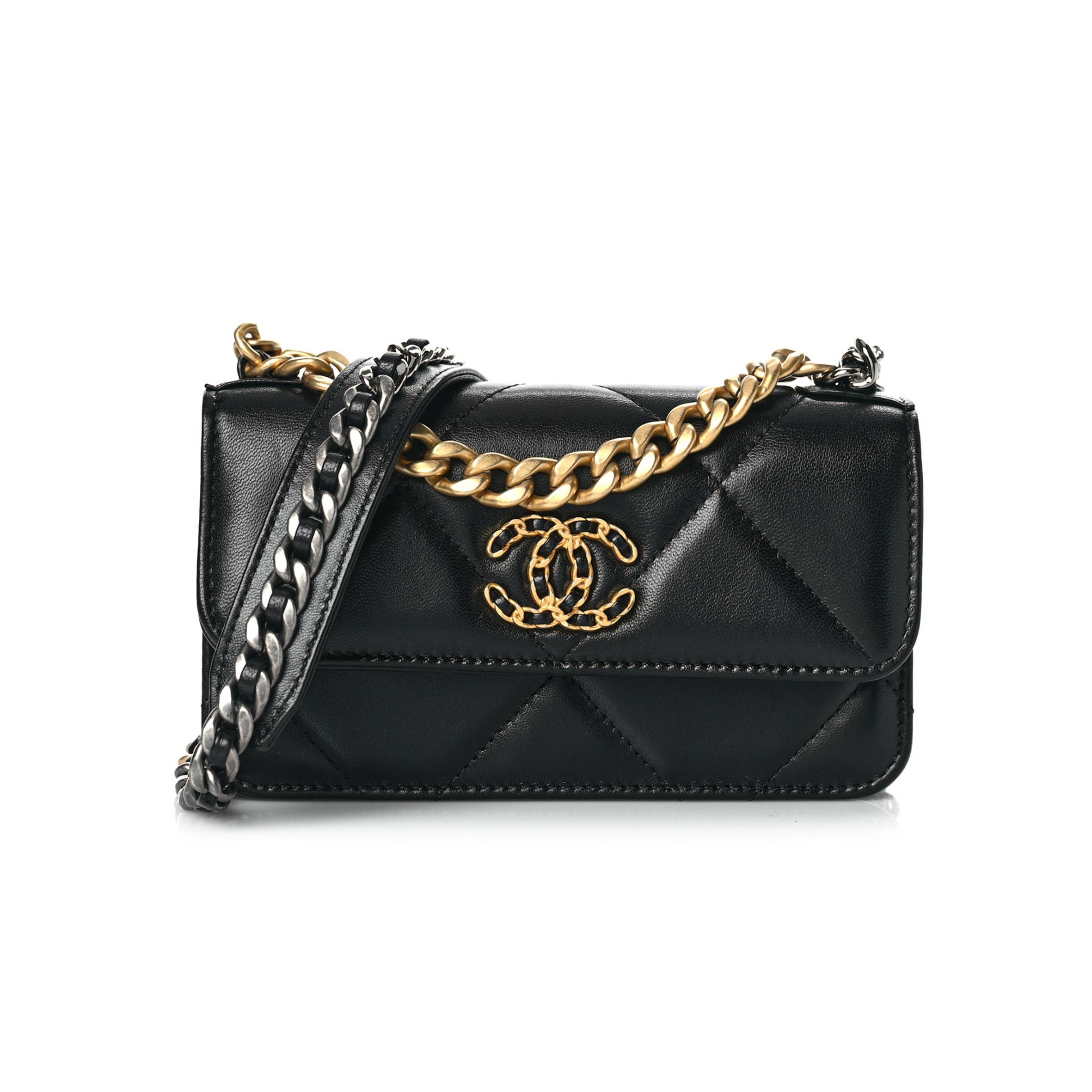 CHANEL LAMBSKIN QUILTED CHANEL 19 FLAP PHONE HOLDER WITH CHAIN BLACK GOLD HARDWARE (17*10*4cm)