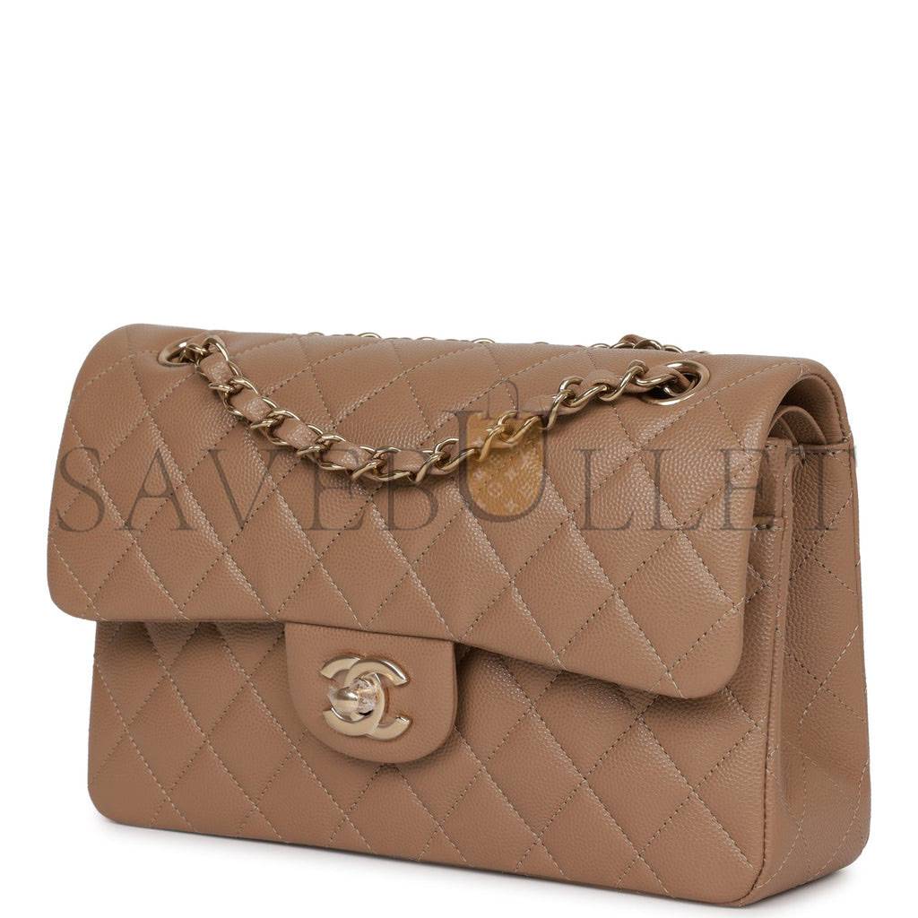 CHANEL SMALL CLASSIC DOUBLE FLAP DARK BEIGE CAVIAR LIGHT GOLD HARDWARE (23*13*6cm)