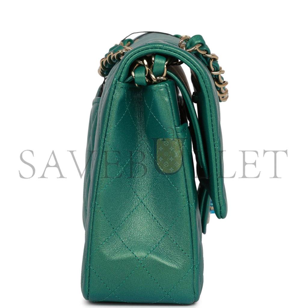 CHANEL MEDIUM CLASSIC DOUBLE FLAP BAG GREEN IRIDESCENT LAMBSKIN LIGHT GOLD HARDWARE (25*15*7cm)