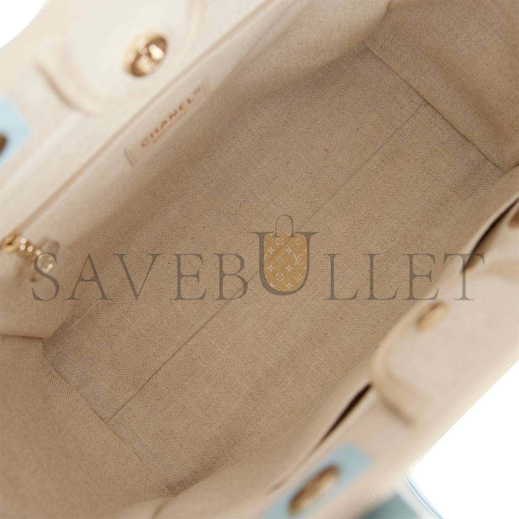 CHANEL SMALL DEAUVILLE SHOPPING BAG BLUE AND BEIGE BOUCLE LIGHT GOLD HARDWARE (34*27*15cm)