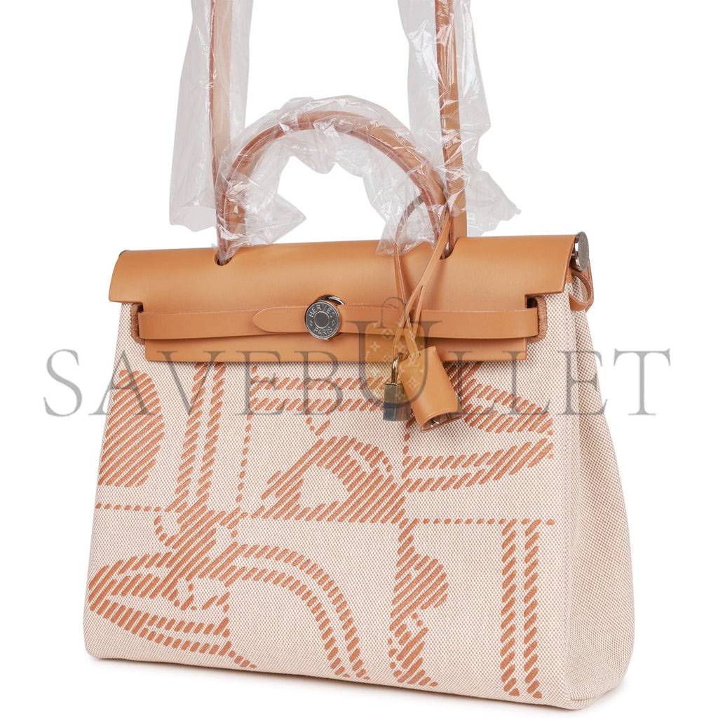 HERMES HERBAG ZIP PM 31 BRIDES DE GALA TOILE H BERLINE NATURAL SABLE PALLADIUM HARDWARE(30*27*11cm) 