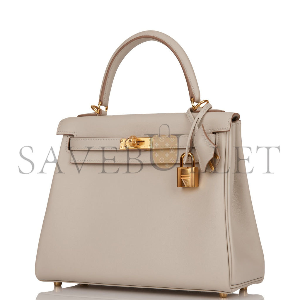 HERMES KELLY RETOURNE 25 GRIS PERLE SWIFT GOLD HARDWARE HANDMADE (25*17*7cm)