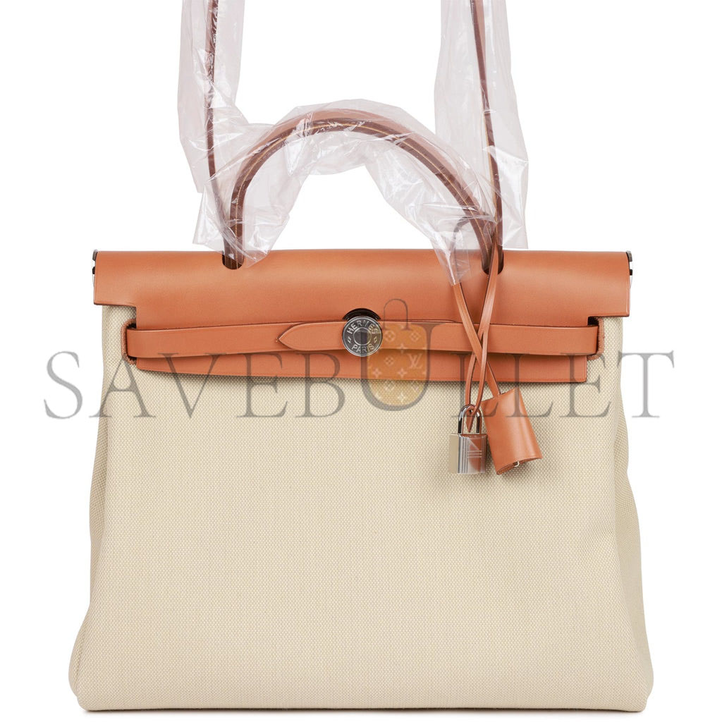 HERMES HERBAG ZIP PM 31 BETON TOILE H BERLINE VACHE NATUREL HUNTER PALLADIUM HARDWARE(30*27*11cm)