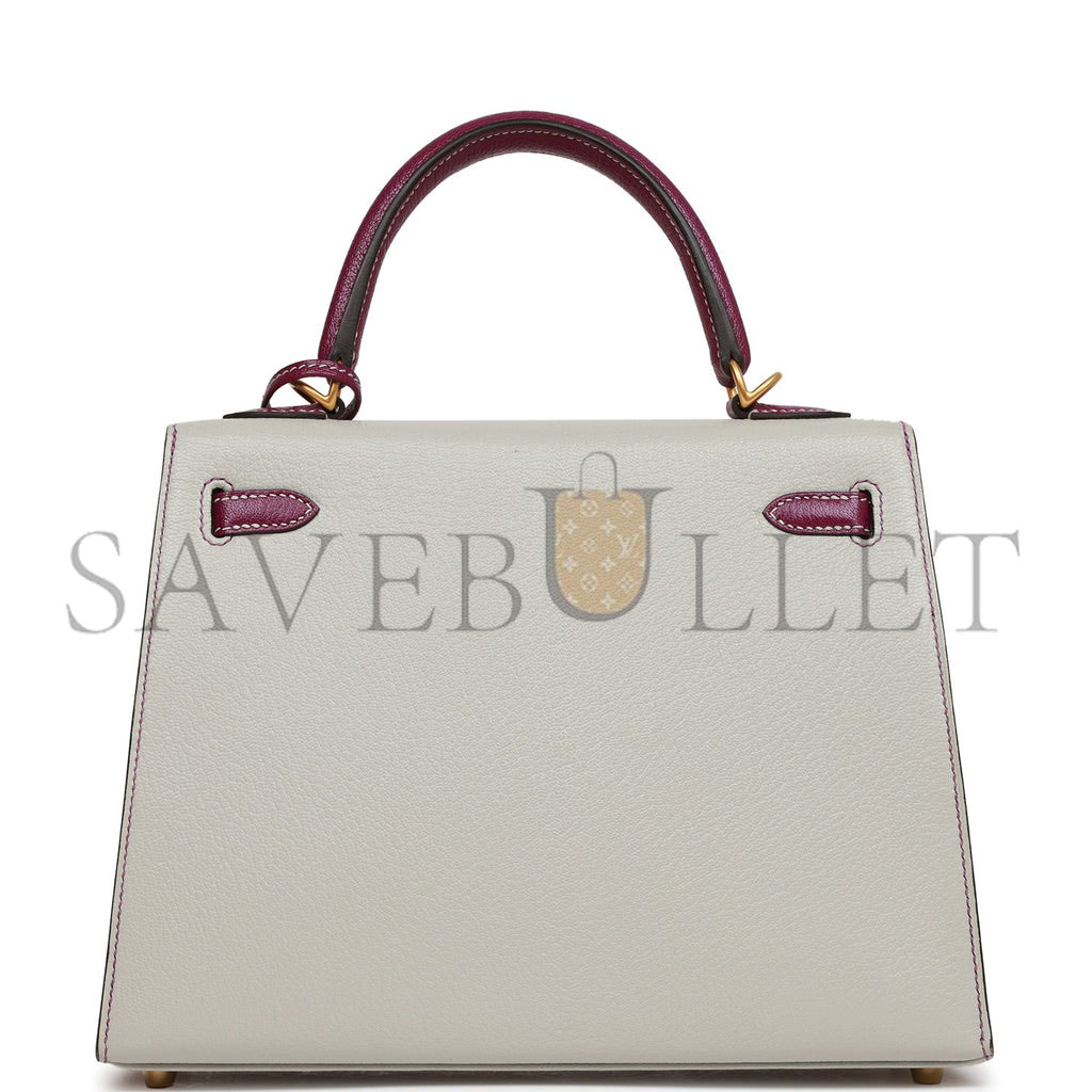 HERMES SPECIAL ORDER (HSS) KELLY SELLIER 25 GRIS PERLE AND ANEMONE CHEVRE BRUSHED GOLD HARDWARE HANDMADE(25*17*7cm)