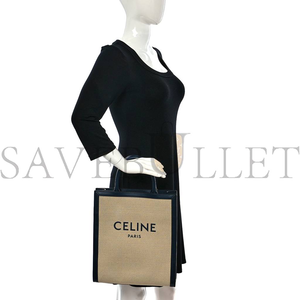 CELINE CANVAS CALFSKIN LOGO PRINT SMALL VERTICAL CABAS NATURAL NAVY (32*28*8cm)